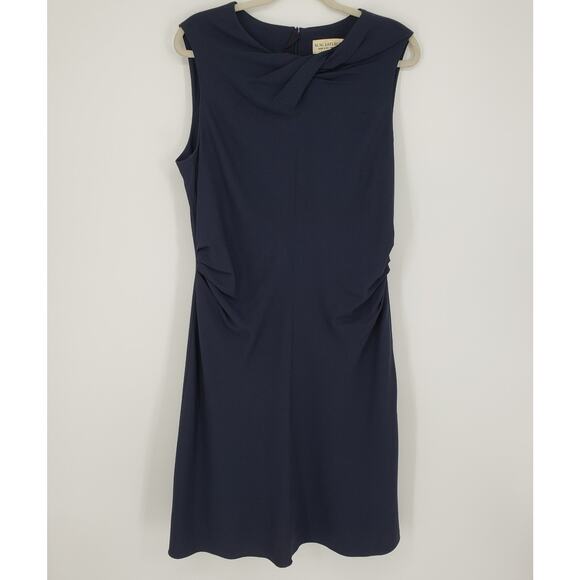 MM Lafleur Eleanor Dress 16 Midnight Navy Blue Twist Ruched A Line Minimalist - Picture 3 of 12